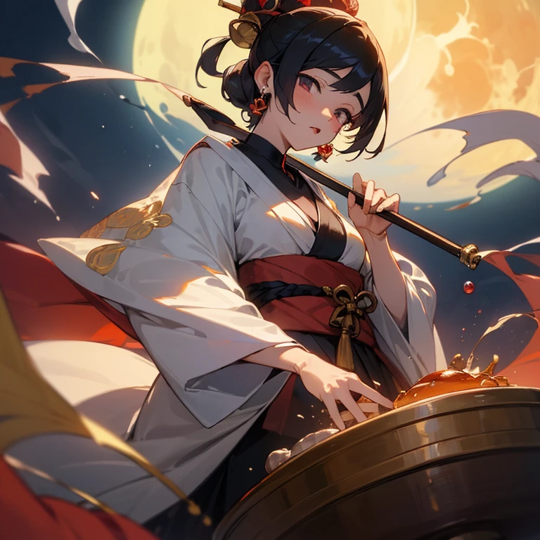 ((highest quality)), ((masterpiece)), Perfect Face, Oiran, Big full moon in the background, Angle where most of the full moon is visible, A bewitching atmosphere illuminated by moonlight, Hairstyle is Yokohyōgo, Wearing an expensive, flashy kimono, She wears many expensive and gorgeous dangling hairpins in her hair., Biologically correct five fingers, (右手に長尺の白州形Oiran煙管を持っている), Black Hair, Japan person with a beautiful face, The collar of the kimono is wide open, (A little bit of shoulder is visible), (Ample breasts), (I can see a little cleavage), 目尻に赤いアイシャドウのOiranメイク, (The Hakushu-style pipe he is holding in his right hand is painted red, with only the mouthpiece and bowl made of brass.),