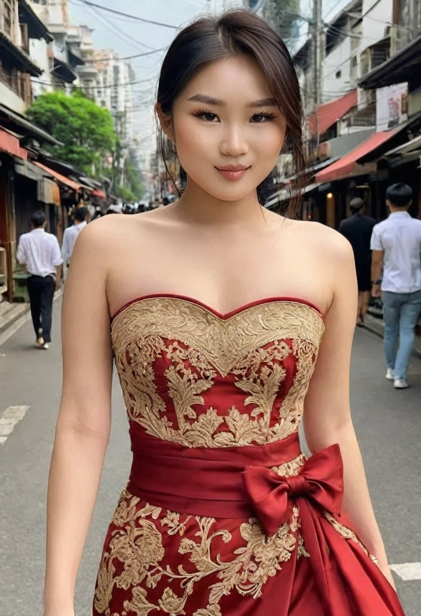 (high quality:1.5), (8k), (extremely detailed), (High detail:1.2), (art of work), Solo, 24 year old Asian female, (in street), (dress strapless),