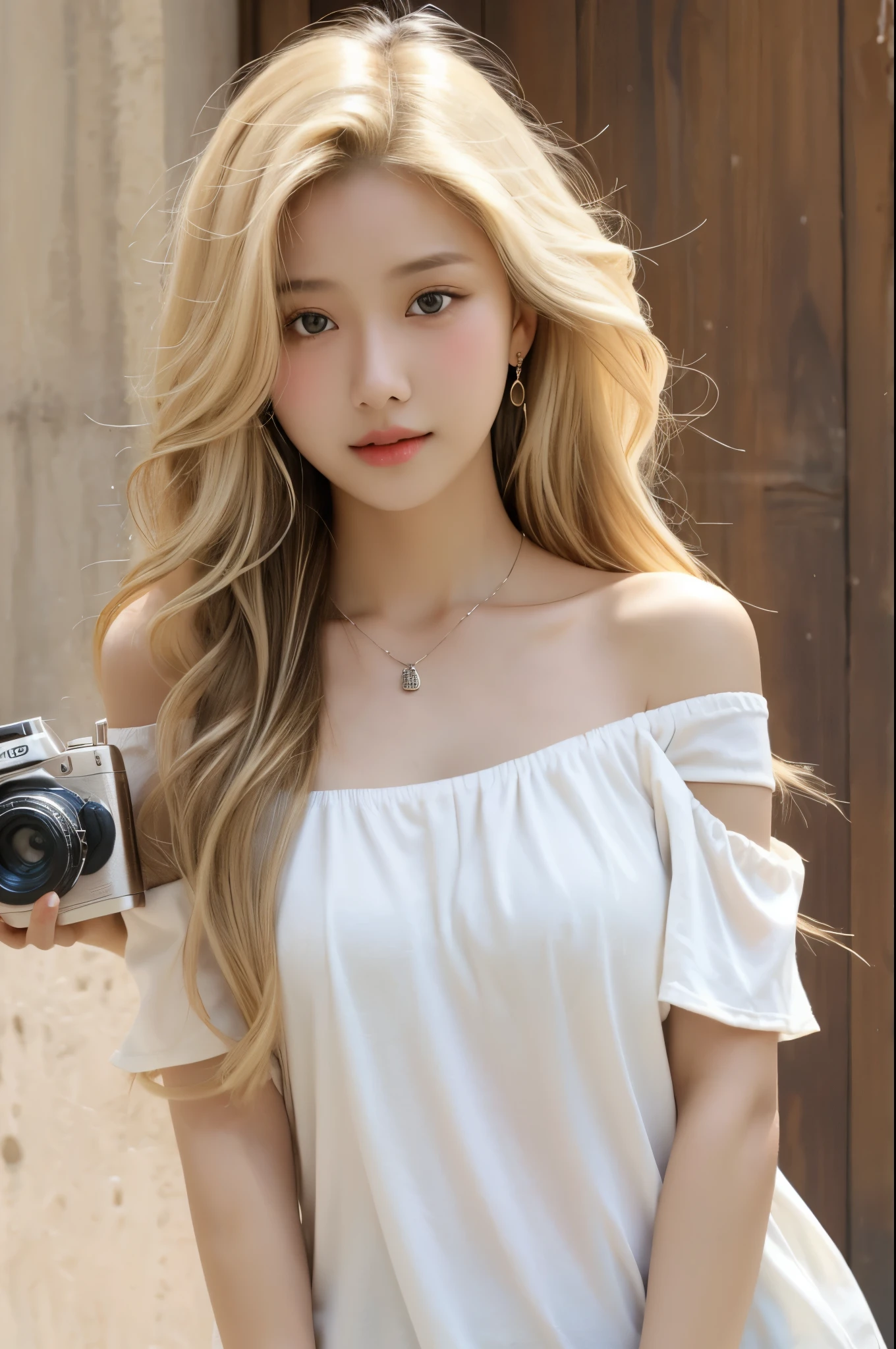 1girl , solo, long hair, small breasts, looking at viewer, blonde hair, brown eyes, jewelry, full body, necklace, off shoulder, short white blouse, lips, realistic, nose, flirting with camera