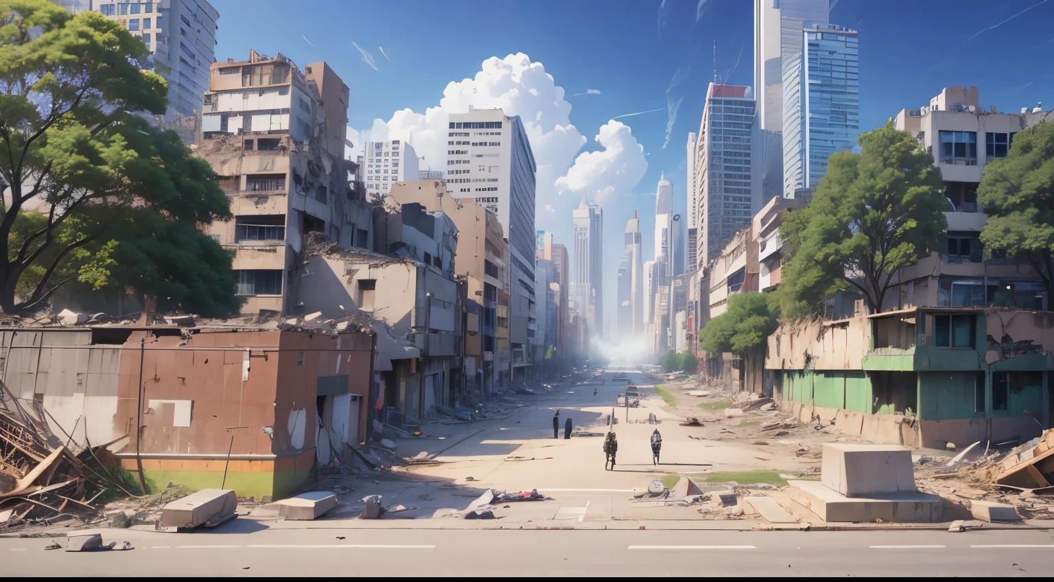city, destroyed, rubble, anime, background
