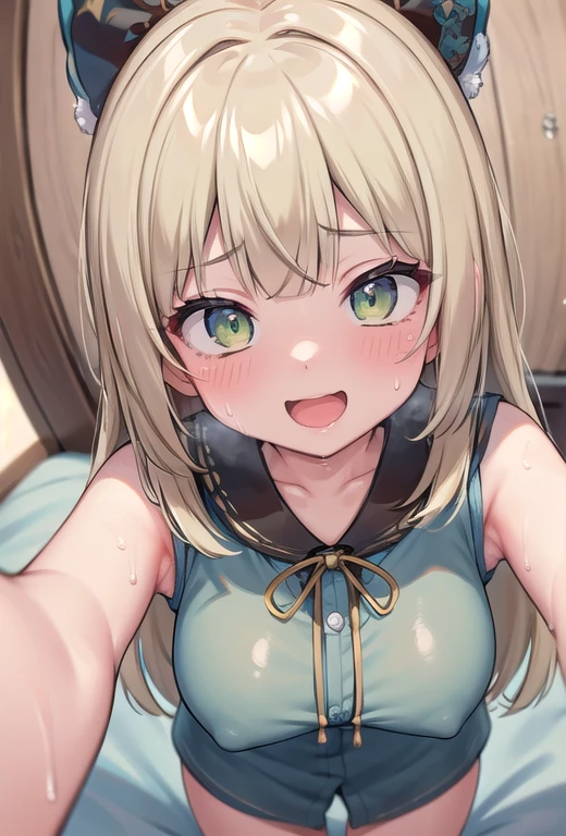 masterpiece,16k,8k,Delicate expression,highest quality,high resolution,High resolution,Sweat,1girl,look at viewer,blush,happy smile,sweat stains,steam,wet,fish eye lens,cowboy shot,summerlarge breast,from front,from above,(focus face:1.2),(pov:1.4),fisheye lens,upper body,open mouth,happy smile,show oral,show off armpits,sleeveless,shirt,bed room,blond hair,green eyes,cat eyes