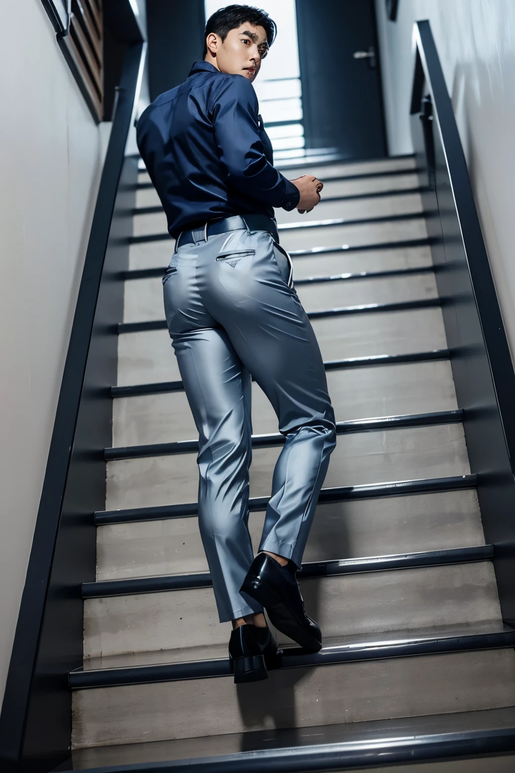 40-year-old boy ,Korean bulky male officer ,Wear navy blue police uniform shirt................ light grey satin smooth tight trouser, transparent pants obvious underwear print ,((unrealistic super big tight butt wearing pants)), walking up stairs, camera from low angle looking up