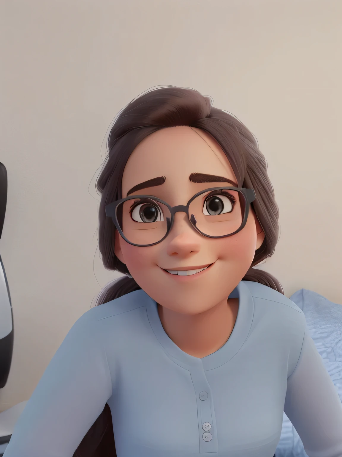 Mulher branca magra, cabelo castanho bem curtinho, olhos arredondados sorridente camisa rosa. poster somente da cintura para cima fundo branco