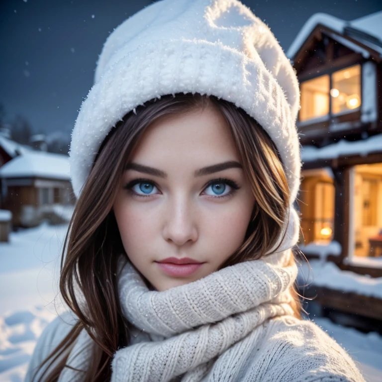 (Extreme Close up portrait:1.3), (from above:1.1). an ultra hot gorgeous European woman, age 23, she’s a playmate, men magazine model. Flirts with camera, subtle smile. Auburn wawy hair. (she’s standing in a snowy village at night:1.4). Loose wool sweater.Perfect anatomy, perfect hair, perfect breast, perfect body, perfect hands, perfect face, UHD, retina, masterpiece, accurate, anatomically correct, textured skin. Winter starry night, northern lights
