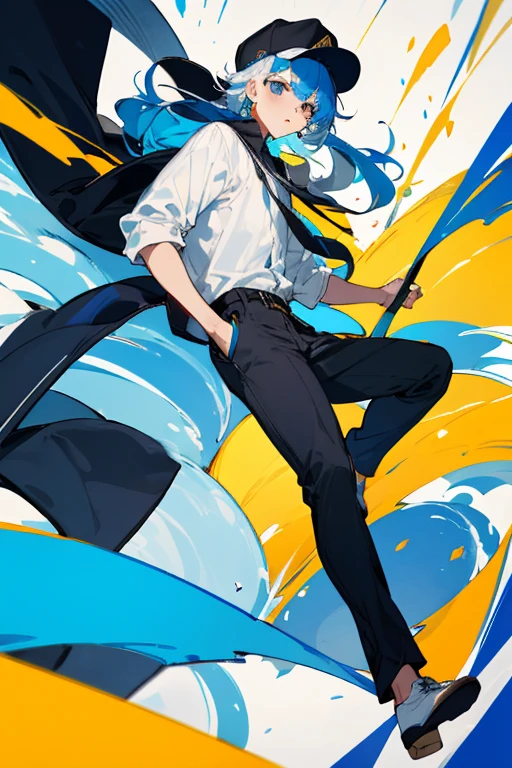 Hombre joven, cabello blanco, ojos azules, gorra negra, camisa blanca, pantalones azules, inventor
