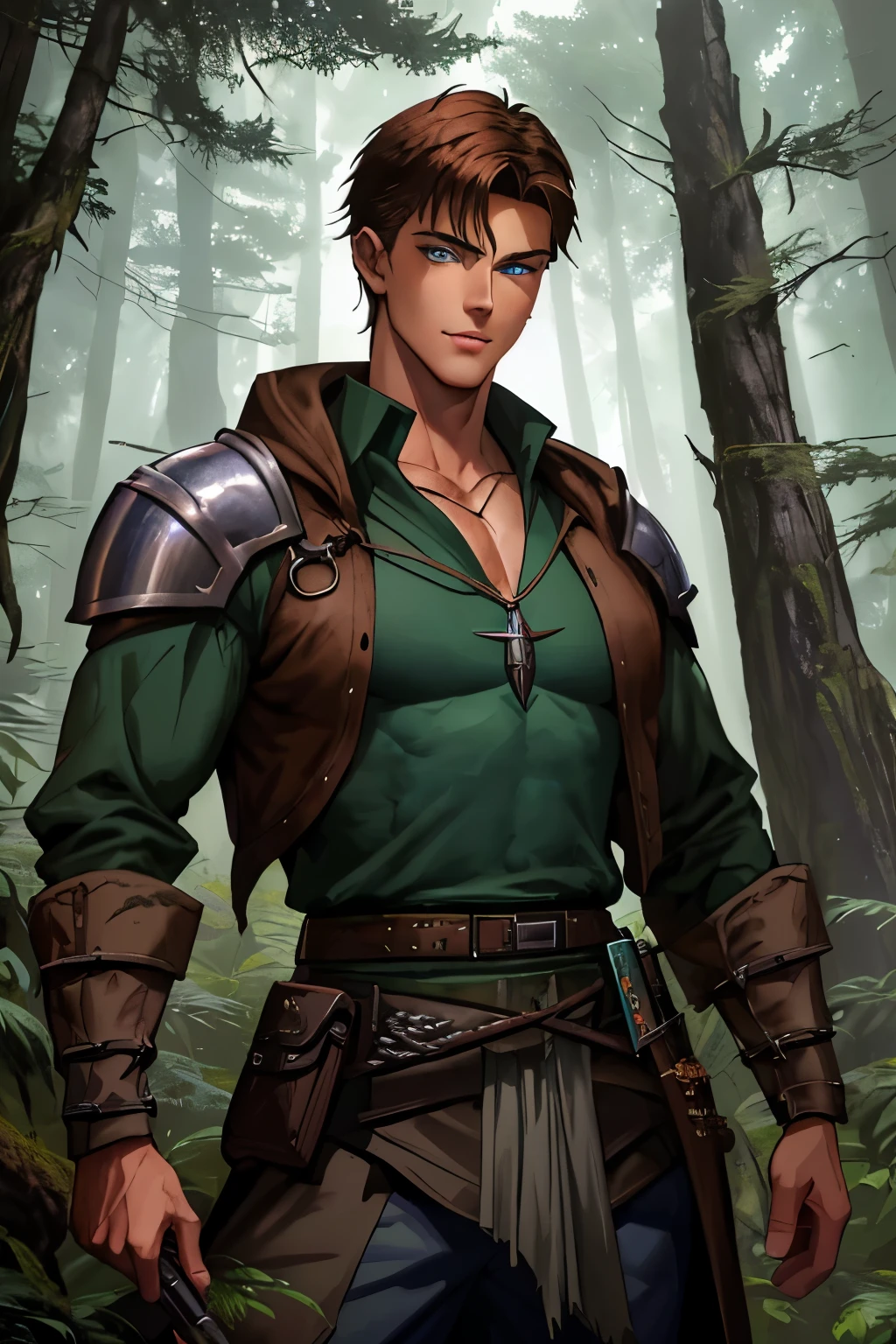 rpg, (dungeons & dragons), a tall and lean young male hunter standing in a forest, (), (sun-bronzed skin), (keen watchful eyes), (blue eyes), (handsome face), (crooked smile), (broad shoulders), (broad chest), (narrow waist), (strong arms), a character portrait by Mike Winkelmann, cgsociety contest winner, environmental art, #vfxfriday, unreal engine 5, cryengine