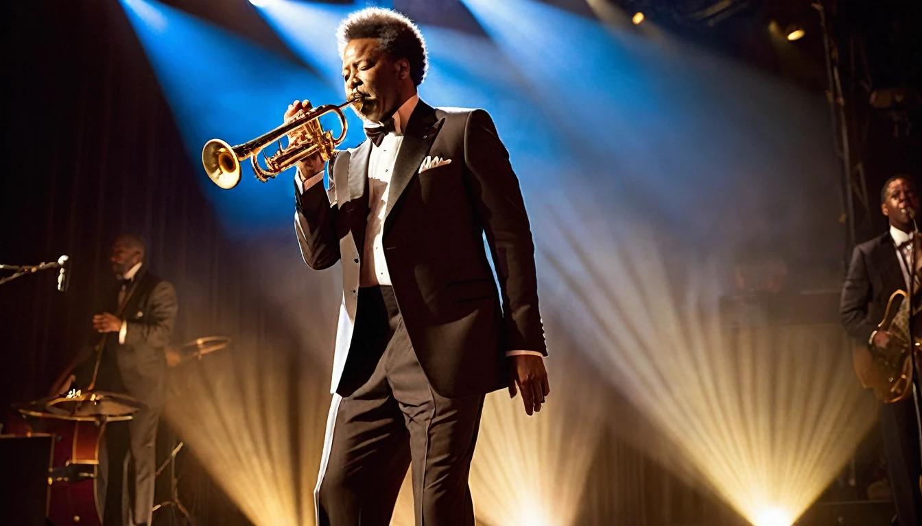 Award - winning photograph, Masterpiece, full body shot of an 50 years old afro american jazz musician playing trumpet standing on a stage, blue colored stage lights, wearing elegant brown tuxedo, perfect face, rule of thirds, highly detailed hair, ((detailed face)), ((detailed facial features)), (finely detailed skin), wide angle lens , bilateral symmetry , neutral colors , natural lighting , soft front light , backlight on hair , photorealistic, 35mm film, 16k, ultra high res, hyper detailed, vintage filter,sfumato, chiaroscuro,  intricate details, amazing fine detail,  photorealism, lifelike textures, neutral colors, cinematic lighting, dramatic lighting,dappled light on face, sharp focus, film grain, dslr, raw photo, 