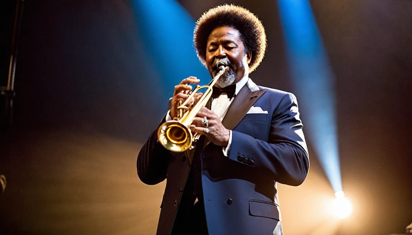 Award - winning photograph, Masterpiece, full body shot of an 50 years old afro american jazz musician playing trumpet standing on a stage, blue colored stage lights, wearing elegant brown tuxedo, perfect face, rule of thirds, highly detailed hair, ((detailed face)), ((detailed facial features)), (finely detailed skin), wide angle lens , bilateral symmetry , neutral colors , natural lighting , soft front light , backlight on hair , photorealistic, 35mm film, 16k, ultra high res, hyper detailed, vintage filter,sfumato, chiaroscuro,  intricate details, amazing fine detail,  photorealism, lifelike textures, neutral colors, cinematic lighting, dramatic lighting,dappled light on face, sharp focus, film grain, dslr, raw photo, 