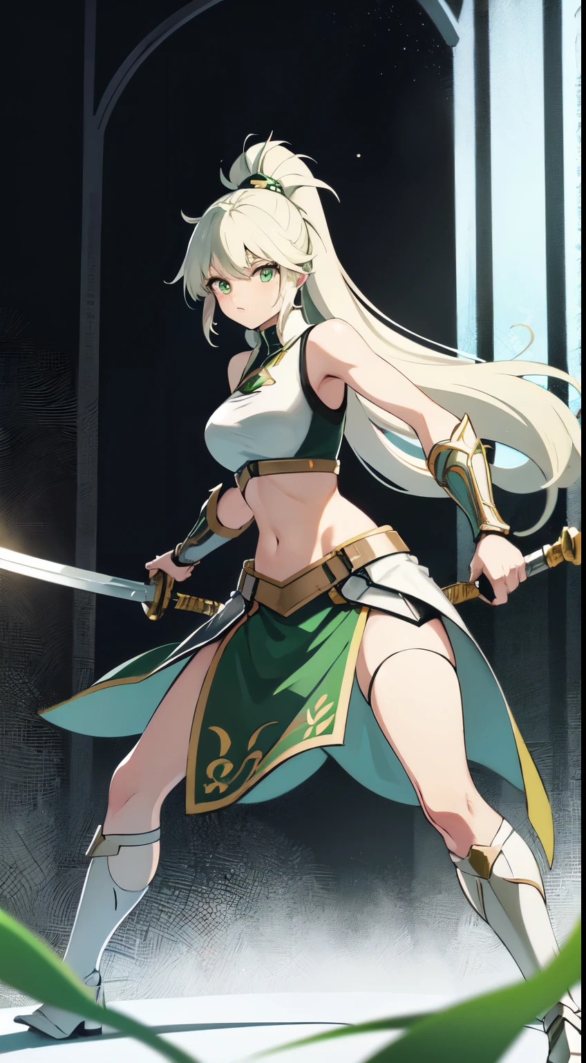 Tall girl, Long white hair, Green eyes, knight armor, Sleeveless, open belly, high ponytail, Sword and Shield, combat stance, Masterpiece, hiquality