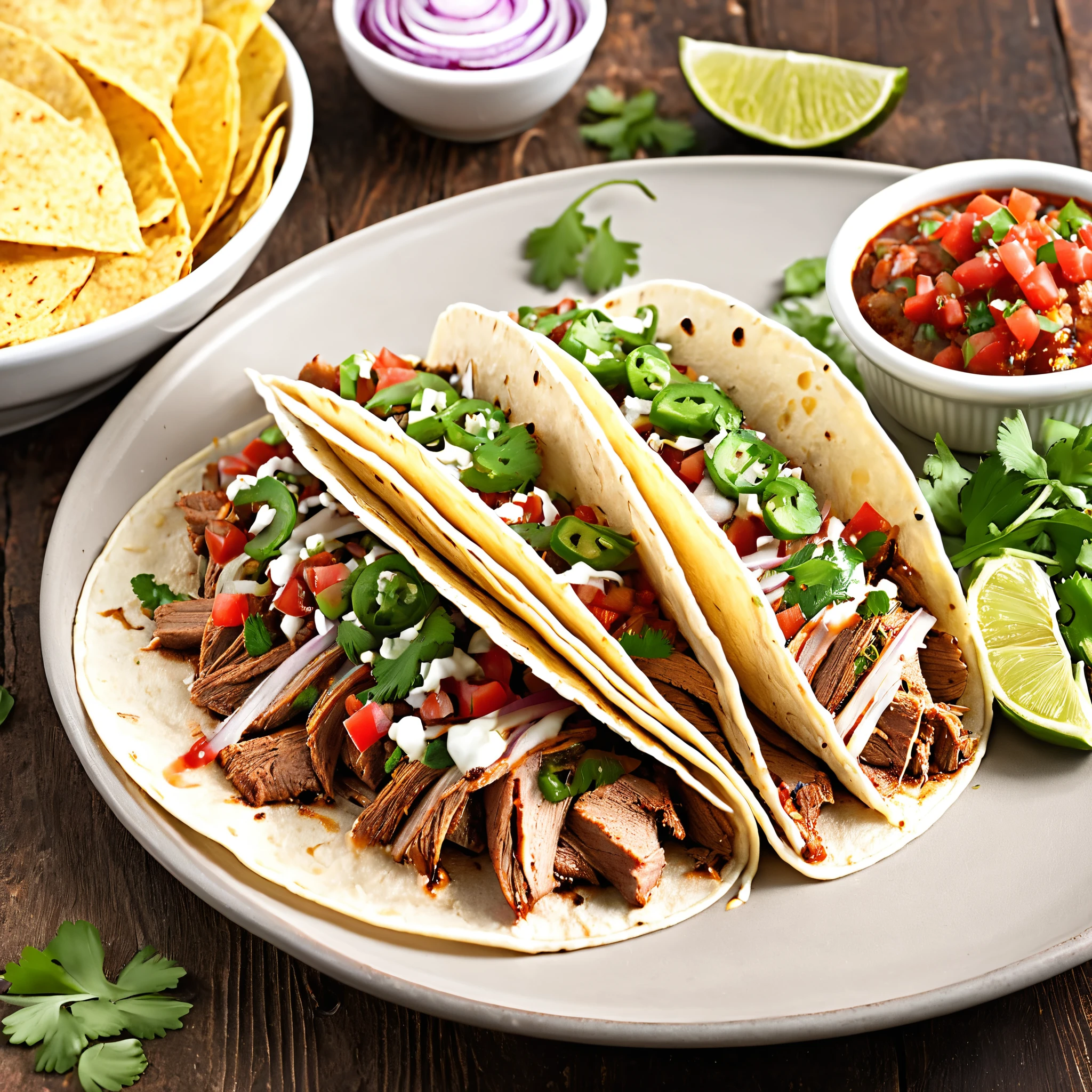 (best quality, highres:1.2),mouth-watering pork tacos, tortillas,juicy seasoned pork,refreshing salsa,freshly chopped cilantro and onions,tangy lime wedges,spicy jalapenos,melted cheese,traditional Mexican flavors,vibrant colors and textures,satisfying meal,authentic street food,lively atmosphere,tempting aroma