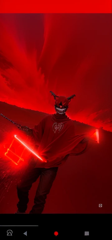 someone is standing in the middle of a red background with a red sky, still from a video musical, cuchilla del grupo de drenaje, video musical, imagen de muy muy baja calidad, El humo rojo sigue su movimiento, el delgado, official video musical, Screenshot of YouTube video, fvckrender, con neblina roja y una enorme sonrisa, demonio, villain with a red oni mask