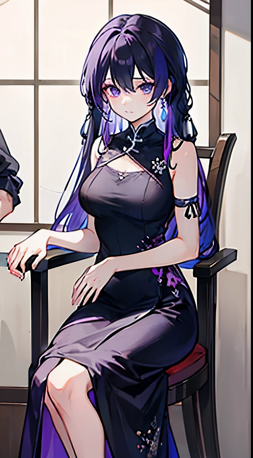 Thynasha,black and purple hair,hands restrainted,hands tied on chair,Chinese dress
