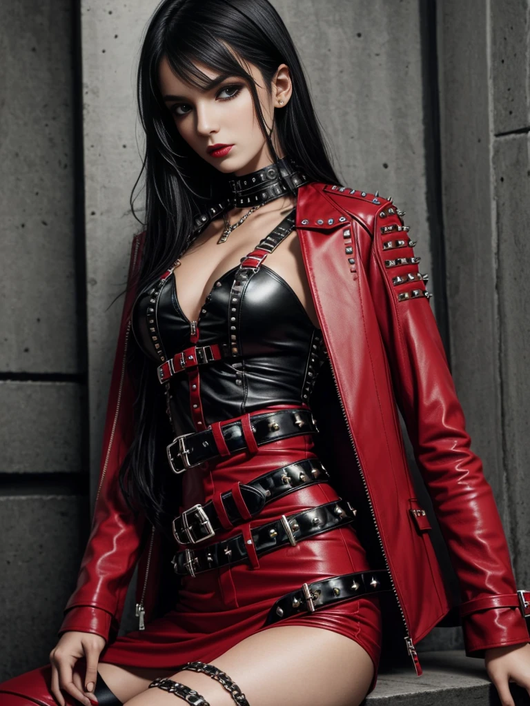 full portrait, dark haired emo girl in red leather clothes, black studded belt, studded bracelet, boots with buckles, studded collar, leather harness,