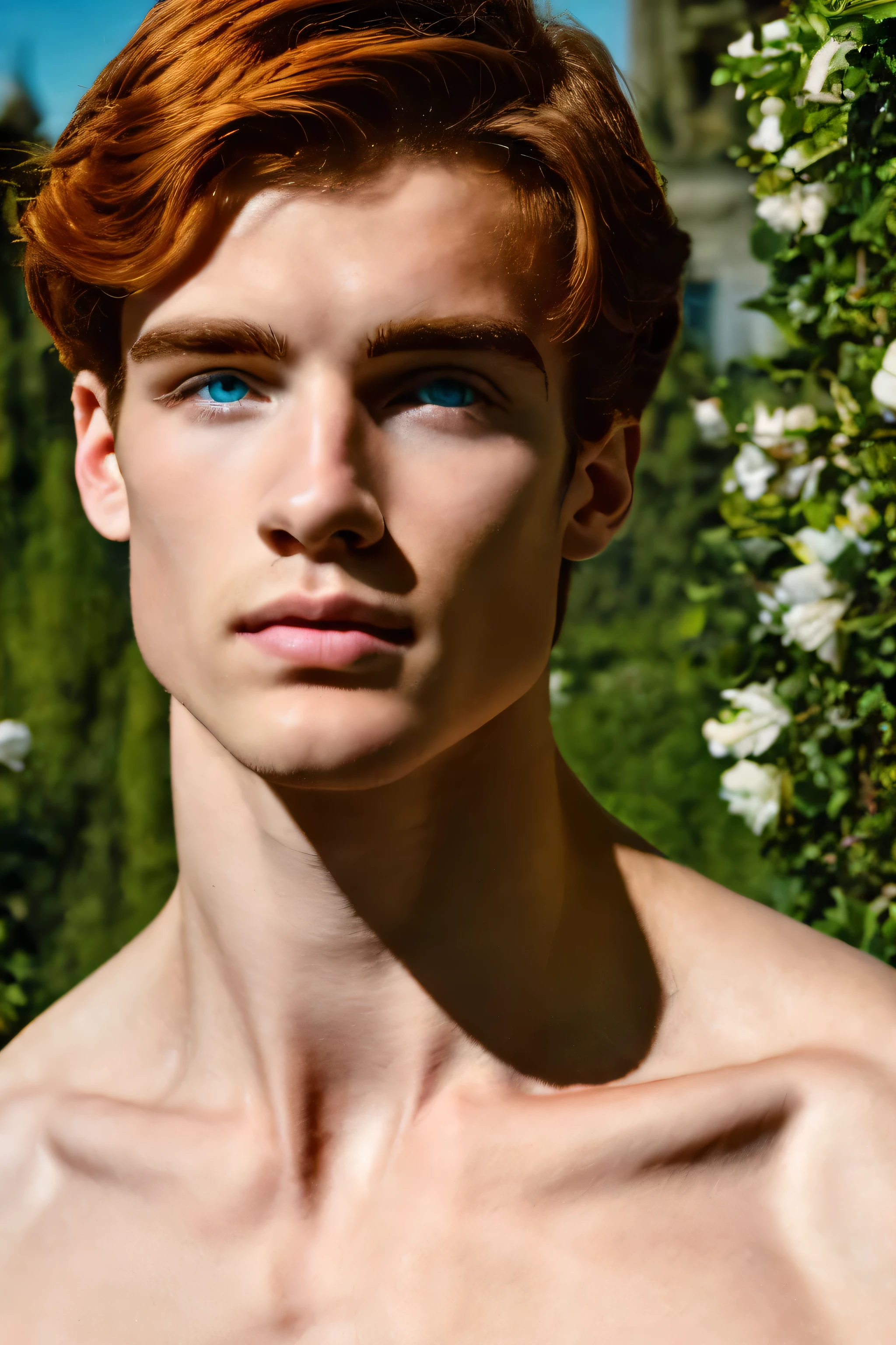 Retrato de um jovem, artistic portrait, Jardim de rosas, jardim imponente, baroque garden, Versalhes, Europa, eurocara jovem, Europaan cara jovem, bonito, cara jovem, homossexual, cinematographic, brilhante, Strong jaw, corpo tonificado, cara grega, bonito cara jovem, bonito supermodel greek, Strong jaw, torso nu, corpo tonificado, cara grega, bonito cara jovem, supermodel cara jovem, Cinematic, perfection, Obra-prima, photoshoot, Cabelo vermelho, Pale skin, olhos verdes, Concentre-se no rosto, focus on the cara jovem , Cara iluminada