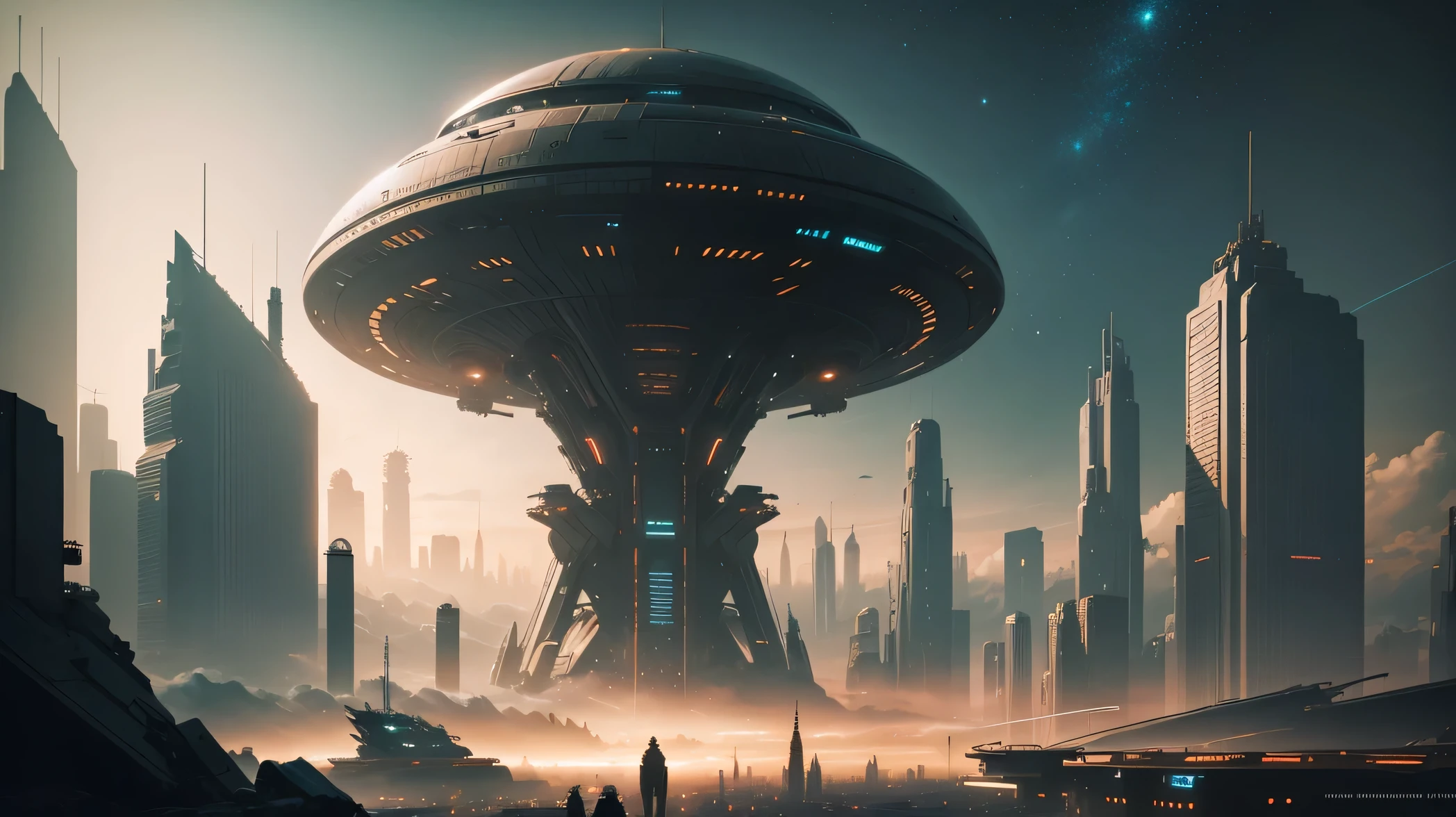 A Night spaceships in a science fiction environment with a city in the background, coruscant, dystopian futuristic city, an alien cityscape, an alien city, cinematic science fiction shooting, cidade futurista escura, post-apocalyptic coruscant, science fiction cinematic film still, cidade futurista sobrenatural, em 2 0 5 5, portrayed as a science fiction scene, epic cinematic matte painting