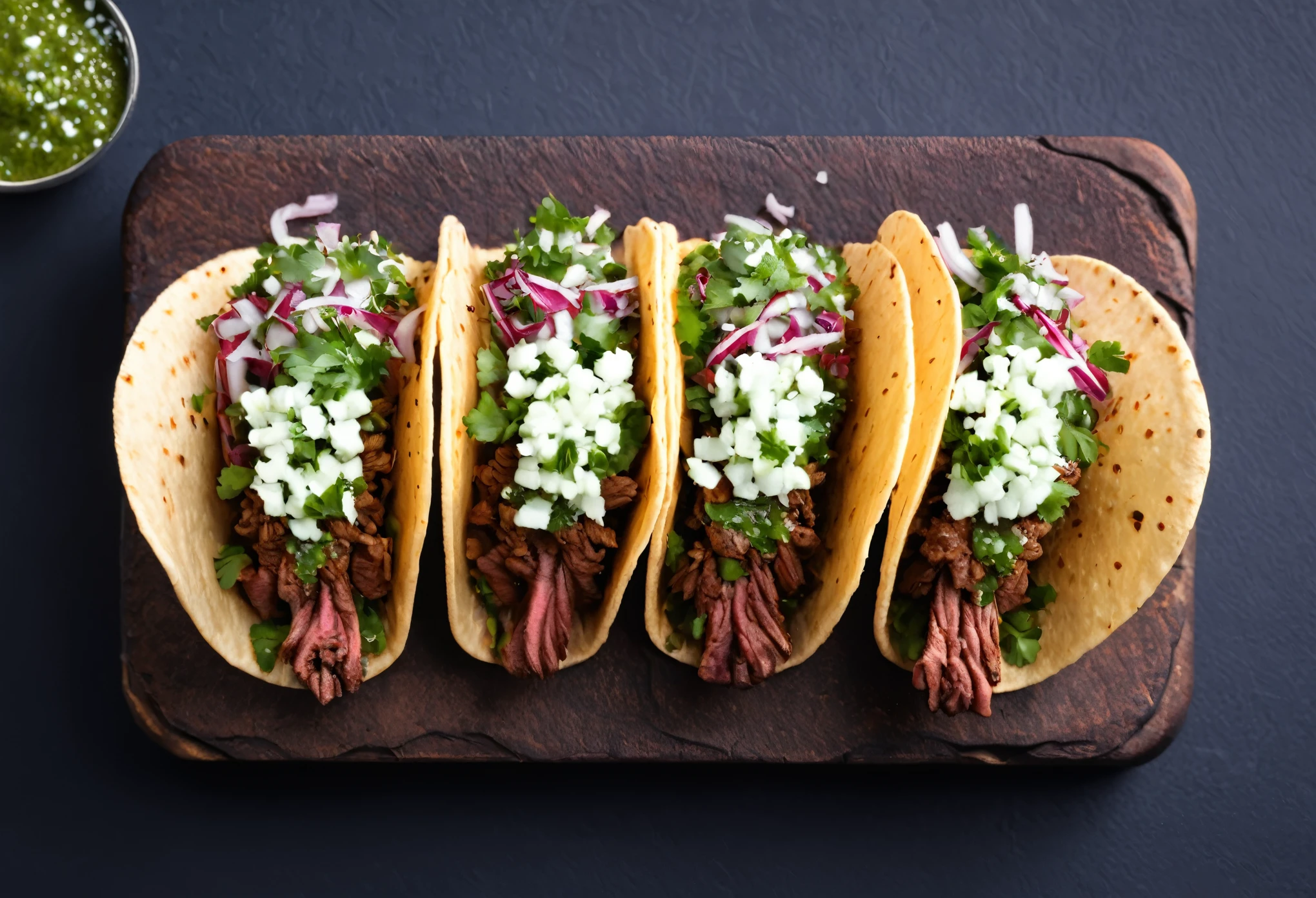 {{A mouthwatering depiction of {a set of three delicious carne asada tacos topped with fresh minced cilantro and diced onion}}} with {lime wedges and green salsa on the side}. This is a {culinary art}-inspired image that showcases {the vibrant colors and textures of the tacos}. The environment/background should be {an outdoor wooden table} to create an {inviting and casual atmosphere}. The image should be in the style of a {high-resolution photograph}, incorporating elements of {David Loftus and Jamie Oliver's food photography}. The {close-up} shot, captured with a {macro} lens, will provide a {detailed and intimate perspective}. The lighting should be {natural daylight}, emphasizing {the freshness and appetizing qualities of the tacos}. The desired level of detail is {high} with a {4K} resolution, highlighting {the textures of the meat, vegetables, and tortillas}. The goal is to create a {visually delicious} image that captivates viewers with its {rich colors and appetizing presentation}.