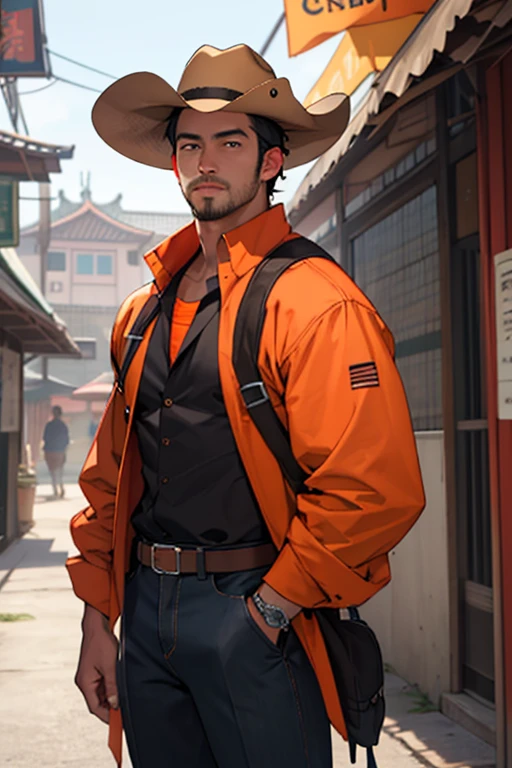 not asian man, cego, Orange cowboy hat , barba,
