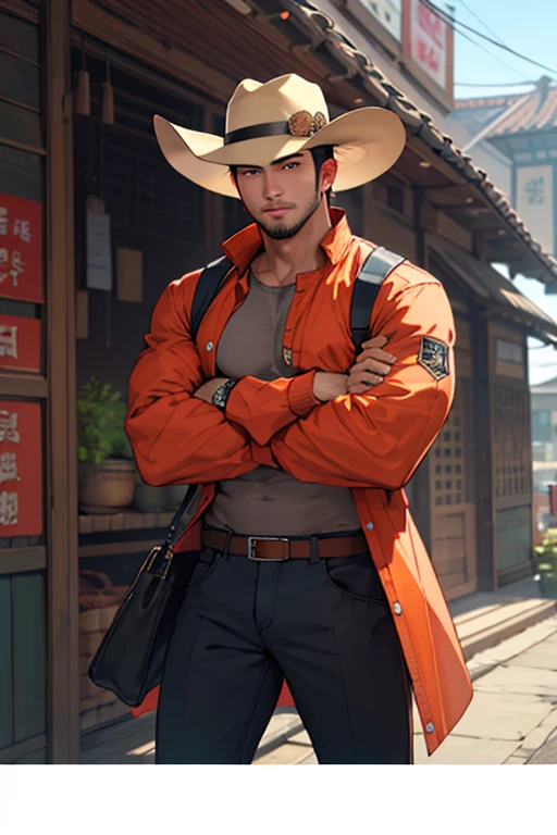 not asian man, cego, Orange cowboy hat , barba,