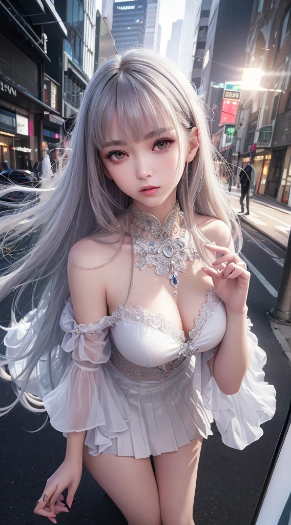 ((Mastepiece))、((Best Quality))、high quality、High definition、High resolution、High detail、Lens flare、Ray Tracing、Side light、high quality-shadow、high quality-texture、Detailed texture、Beautiful details、Full Figure、whole body、(Beautiful delicate face with details、Detailed beautiful delicate eyes、Perfect Facial Proportions、Detailed skin、Charm、Realistic and colorful)、((Slender beauty)) 、(Intricate detailakeup、Pure Eros Face)、Mesh hair color、Beautiful bangs、Detailed chest、Large upward-facing breasts、Beautiful feet、Detailed fingertips、Raise your arms、1 woman、high school girl、uniform、mini skirt、Dress shirt、See-through、Wet、Cyberpunk City