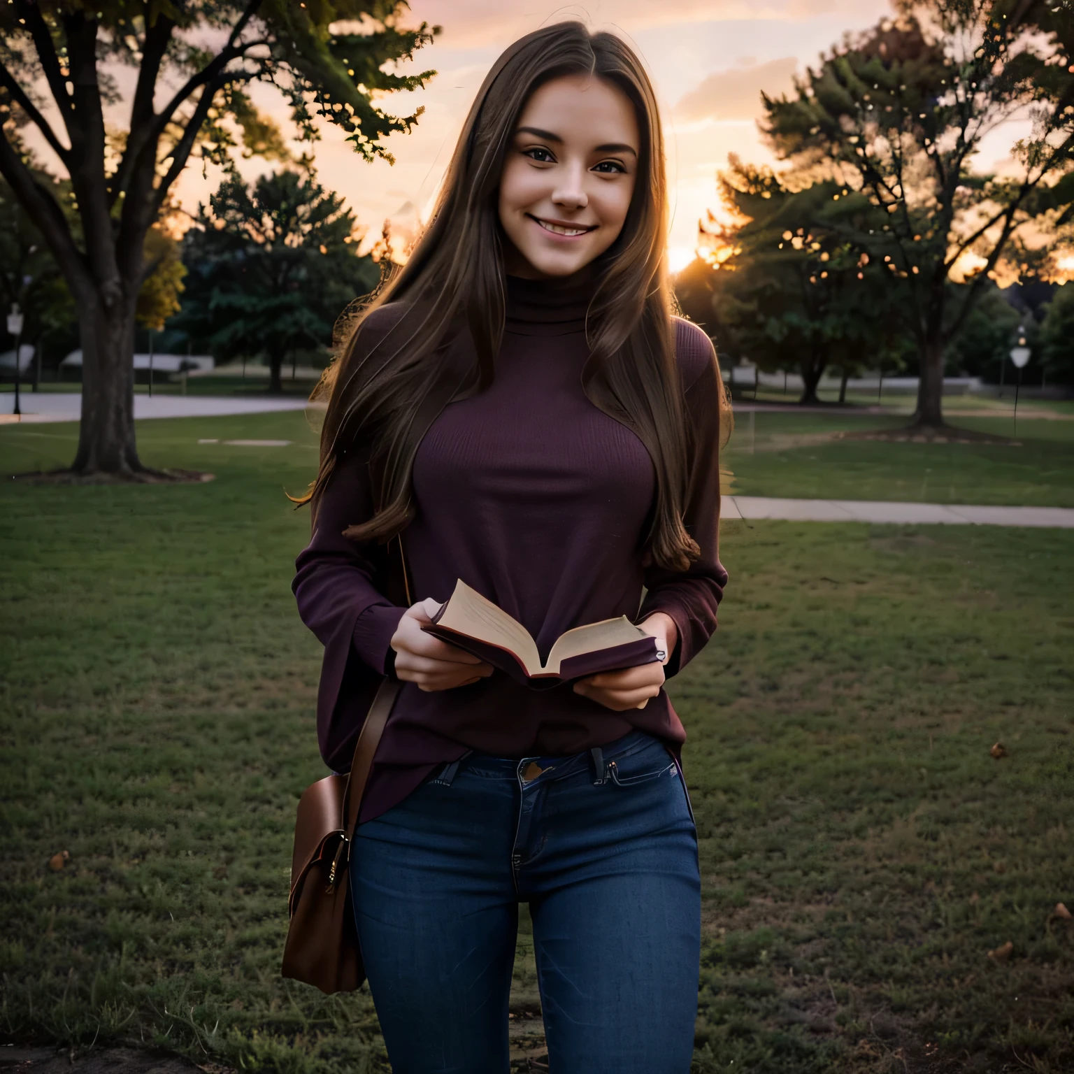 A beautiful intelligent young woman with deep purple eyes on a college campus with a big book in her hand. Sunset on the campus with a mysterious tone. She wears a unique purple dress over her jeans pants and has brown long hair. She is 25 years old. She looks smiling into the camera. 