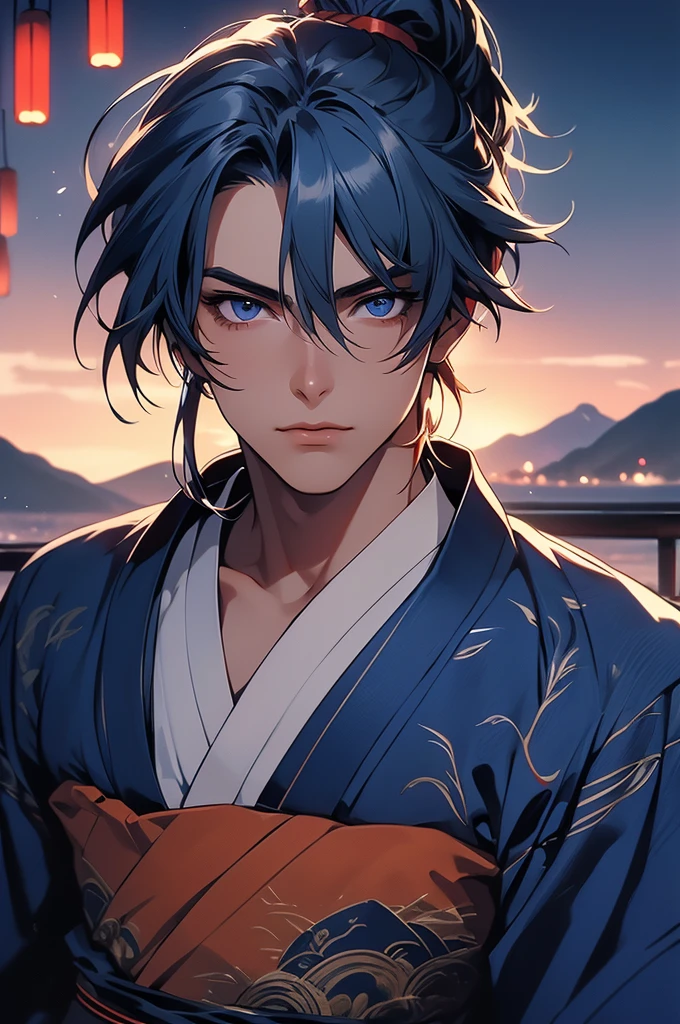 (masterpiece, ultra-detailed image, 32k, 8k) young adult male, hair tied in a ponytail, dark blue hair, dark blue eyes, wearing a traditional Japanese yukata, (image focused on the character's face, character looking fixedly at the viewer , mountain background)