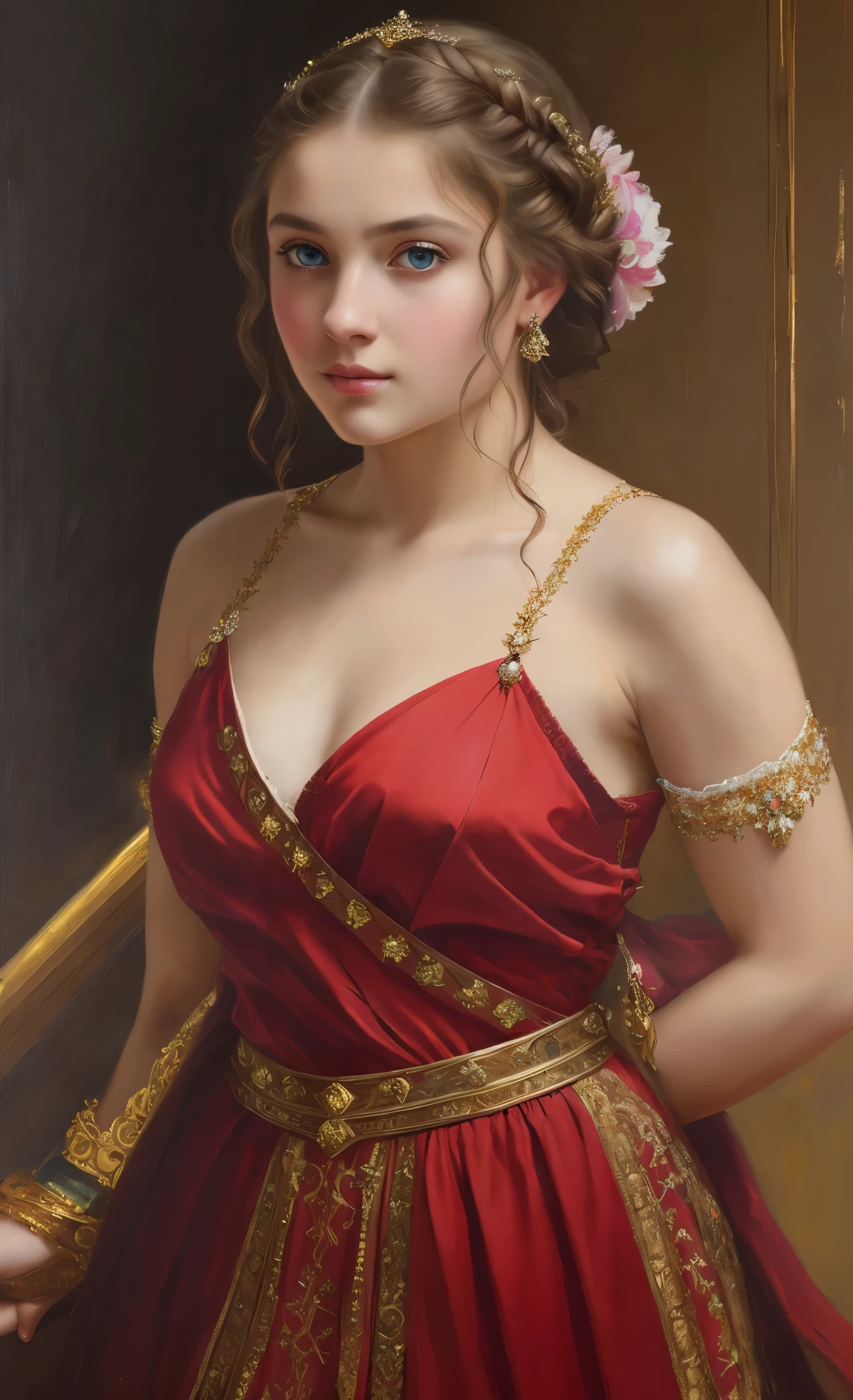 portrait, girl, middle ages, classicism, andrey atroshenko style, painting, pierced eyes, beautifully styled hair, traditional media, realistic, figurative, fine art, oil on canvas, HDR, 8K, original character, high resolution, vivid colours, high detail, focus on the face, beautiful eyes