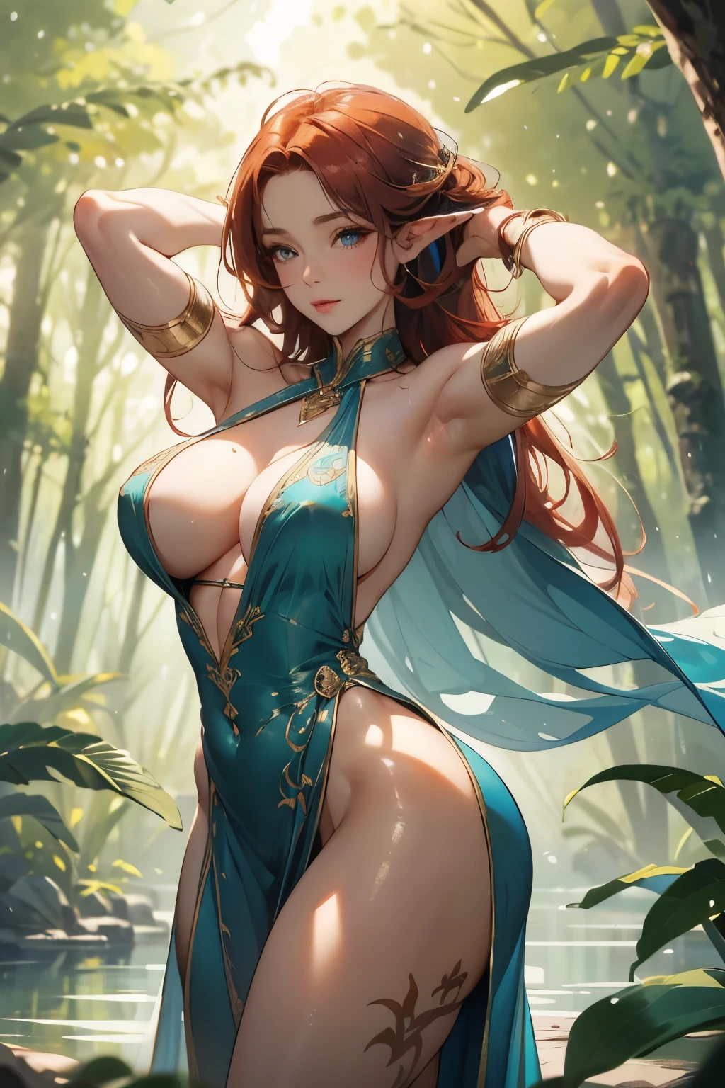 absurd resolution, high resolution, (Obra maestra: 1.4), hiper-detalle, Sensual elf smiling from behind showing a big butt, red hair, perfect posture, perfect pose, with his hands on his chest, with her private parts marked on her clothes by the water, showing her enormous wide and tight butt, with an angelic face with wet hair, exhausted, ultra realistic, hands behind her head: with semi-transparent costume very tight. Semi-transparent clothing, semi-transparent blue clothing with gold details. A thin elf but with a curvy silhouette, with very wide hips and a tiny, super realistic waist. Her porcelain white skin shining under the natural light of the forest. Her beautiful, hyper-detailed, realistic features come to life in this cinematic image. Her voluptuous elven clothing clings to her body, showing off her perfect anatomical measurements and super-resolution details. The clothes are tight accentuating every curve of her, beads of sweat with detail on her skin, held by a spear-type sword between her hands, with elven details when holding it with both hands, her muscles that are gently marked on the abdomen and with many nuances. super feminine... The setting is a serene forest, with dappled sunlight filtering through the trees, casting an ethereal glow on the scene. (3:3 - 16:9 - q
