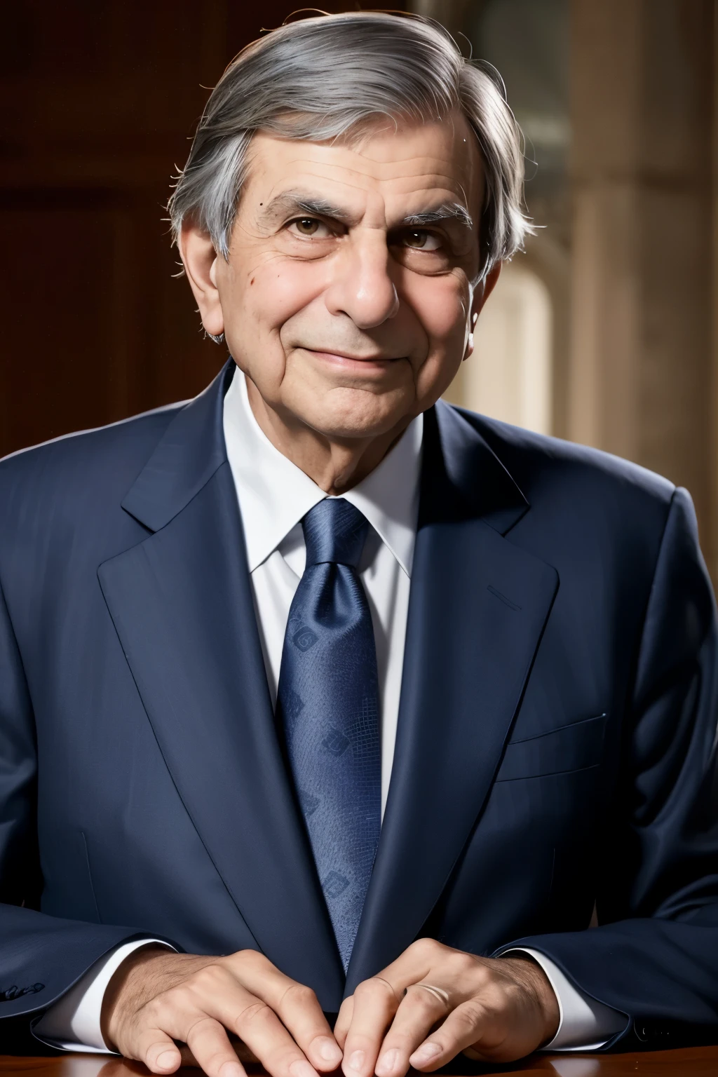 "Generate an image featuring Ratan Tata with the quote: 'Take the stones people throw at you, and use them to build a monument.'" with more realistic and faded bakground with image closely in hd