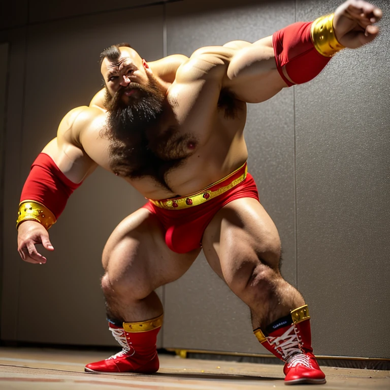 zangief,a man with a beard and a golden belt, fighting game character, street fighter 5,muscled humanoid,heavy looking,buff man,wrestler,Red short briefs,capcom,street fighter,shirtless,muscular male,chest hair,visually weighty,bearded man,mohawk hair,no wristband,Red Wrestling Boots,best quality 