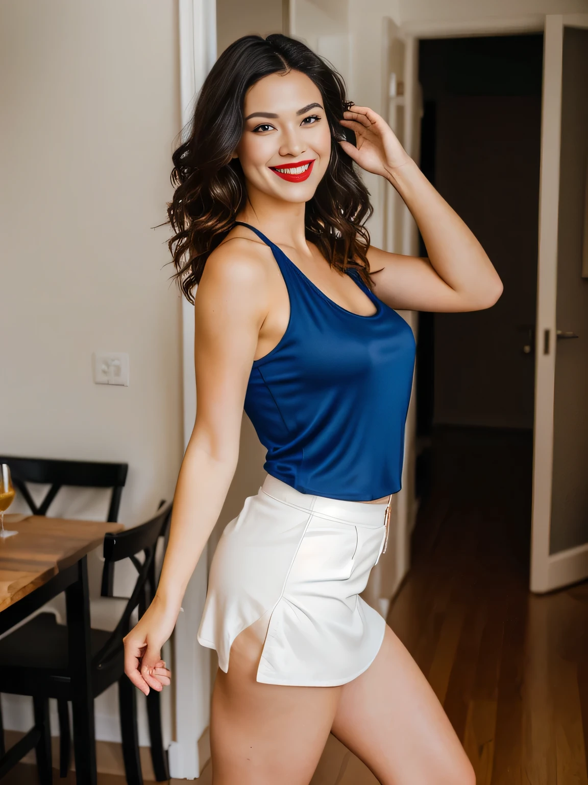 there is a beautiful woman with white skin and dark hair, standing in a room with a table and chairs, side pose, side view of her taking steps, running pose, shot on nikon d3200, leg and hip photo, proper photo, miniskirt, posing and flexing, internal photo, side photo, full body photo, sports physique, attacking the camera: 4, taken with sony a7r camera, side pose, red tank top and dark blue shorts, in shorts, side photo, tight photo, portrait side, outfit photo, wearing a red tank top and black mini skirt, with a shiny black skirt, a shiny red tank top and sports shorts, dressed in a tank top and high-waisted shorts. A woman with white skin, she is around 40 years old and has dark hair, she measures 164 cm tall and weighs around 55 kg., perfect face, perfect mouth, charming, seems to contain a world of wonders and her face is the definition beauty, highly realistic, reddish skin, beautiful, slightly plump lips, red lipstick, smiling, feeling of lightness and joy, hyperrealism, very elaborate skin, full body photo, clear photo, high quality, high resolution, masterpiece, high quality, masterpiece, (photographically realistic) HD, high contrast, 16K masterpiece: 1.3, high resolution, (photographically realistic), (((NUDE))), (((NUDITY))), (((NFSW))).