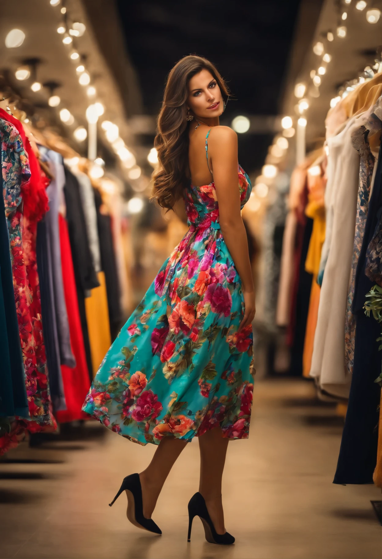 ultra realistic photo of a beautiful brunette model wearing a colorful dress and heels, shopping in la jolla, california