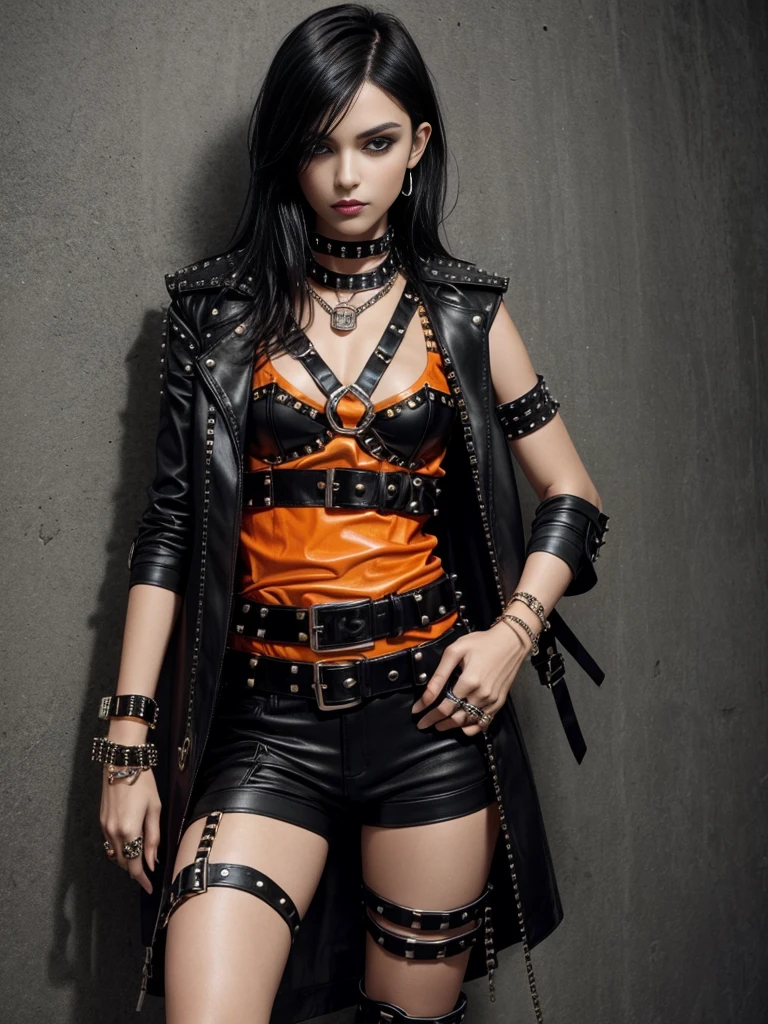 dark haired emo girl in orange leather clothes, black studded belt, studded bracelet, boots with buckles, studded collar, leather harness,