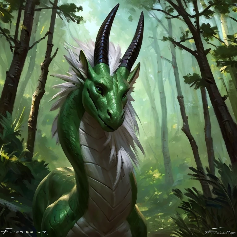 Detailed painting, by Taran Fiddler, solo, dragon, full body, feral, forest, dragoness, gentle, shimmering green scales, slender body, ((long snout)), curved horns, long white mane, deep green eyes