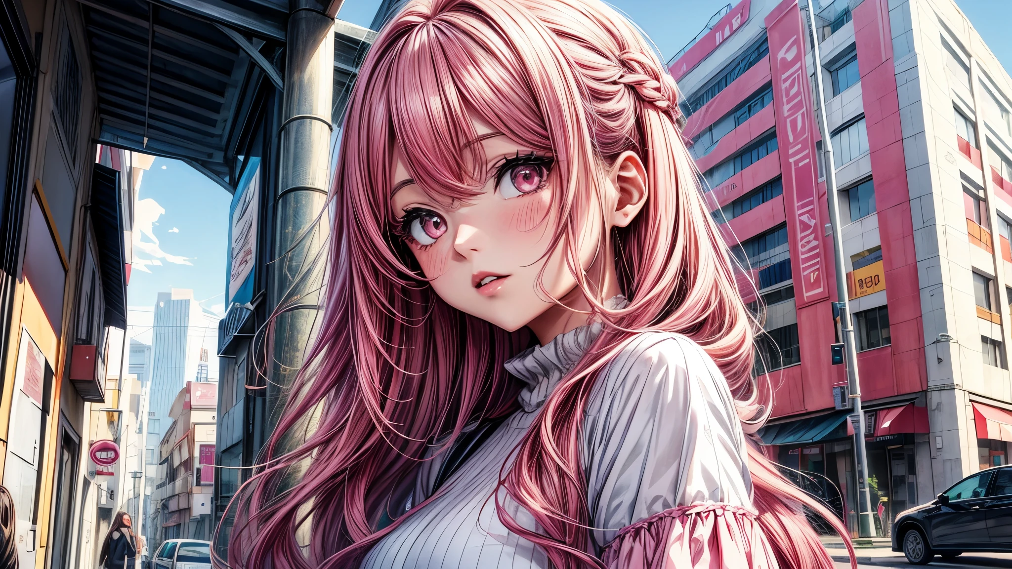 Una chica anime, hermosa, cabello rosado, ojos celestes, ojos hermosos y definidos, vestimenta rosada moderna, en ciudad de fondo, hermoso, graficos muy detallados, arte estilo moderno