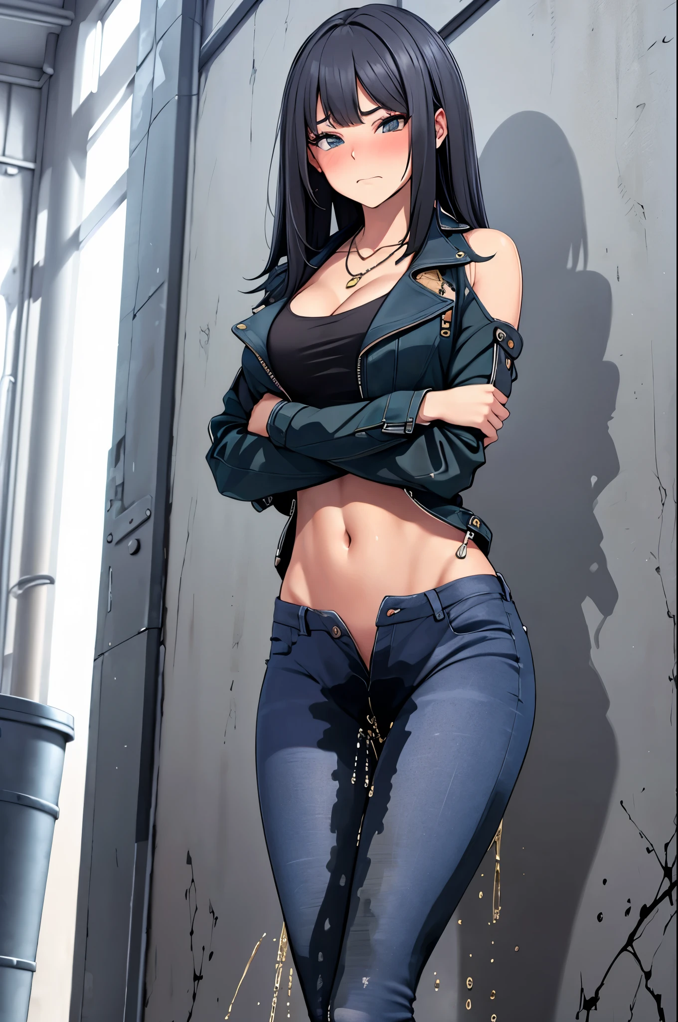 A woman with very long black hair and (very long bangs:1.5), wearing a stylish long jacket and tight jeans, (low-rise jeans:1.25), (low-cut jeans:1.25), standing. The artwork is inspired by manga and incorporates a doujin style. The woman appears to be (wetting herself:1.5), which causes her to feel embarrassed and humiliated, resulting in a blush on her face. In addition, there is an air of anger in her expression. The lighting in the scene is moody, with a spotlight highlighting the woman's figure. She is crossing her arms, (arms crossed:1.5), fully showcasing the very large pee stain on her jeans., large breasts, navel, midriff, groin, mound of venus, cleavage, diamond necklace, unzipped pants, bikini top, thin