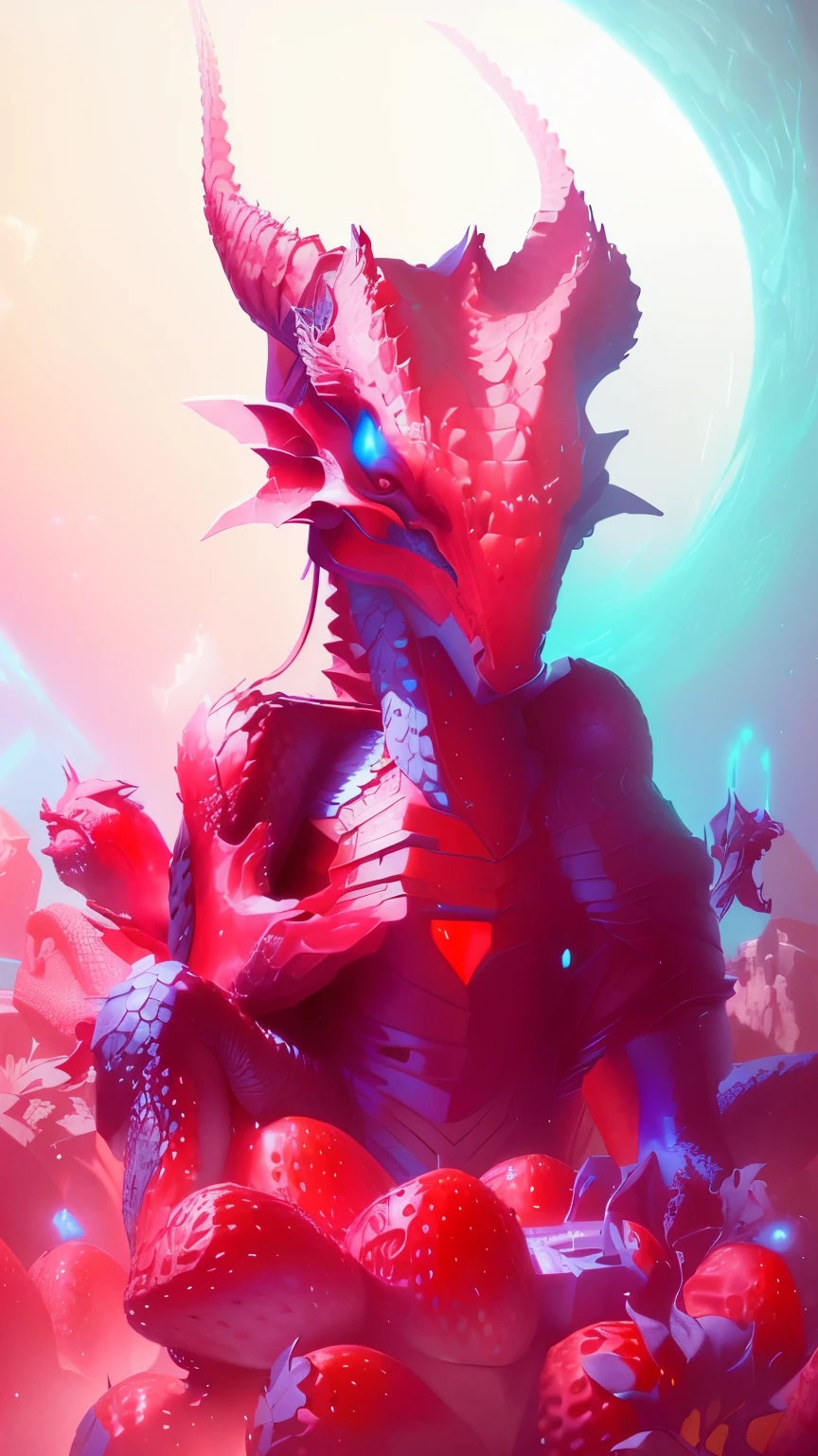 il y a une statue de dragon assise parmi un tas de fraises, Beeple and james jean, hyperréalisme. fantaisie 4k, Beeple. hyperréalisme, fantasy style 8 k rendu d'octane, monstre fantastique hyper réaliste, Beeple and mike winkelmann, fruit de fée. rendu d'octane, hyper detailed digital art, colored zbrush render, Se battre avec des fraises