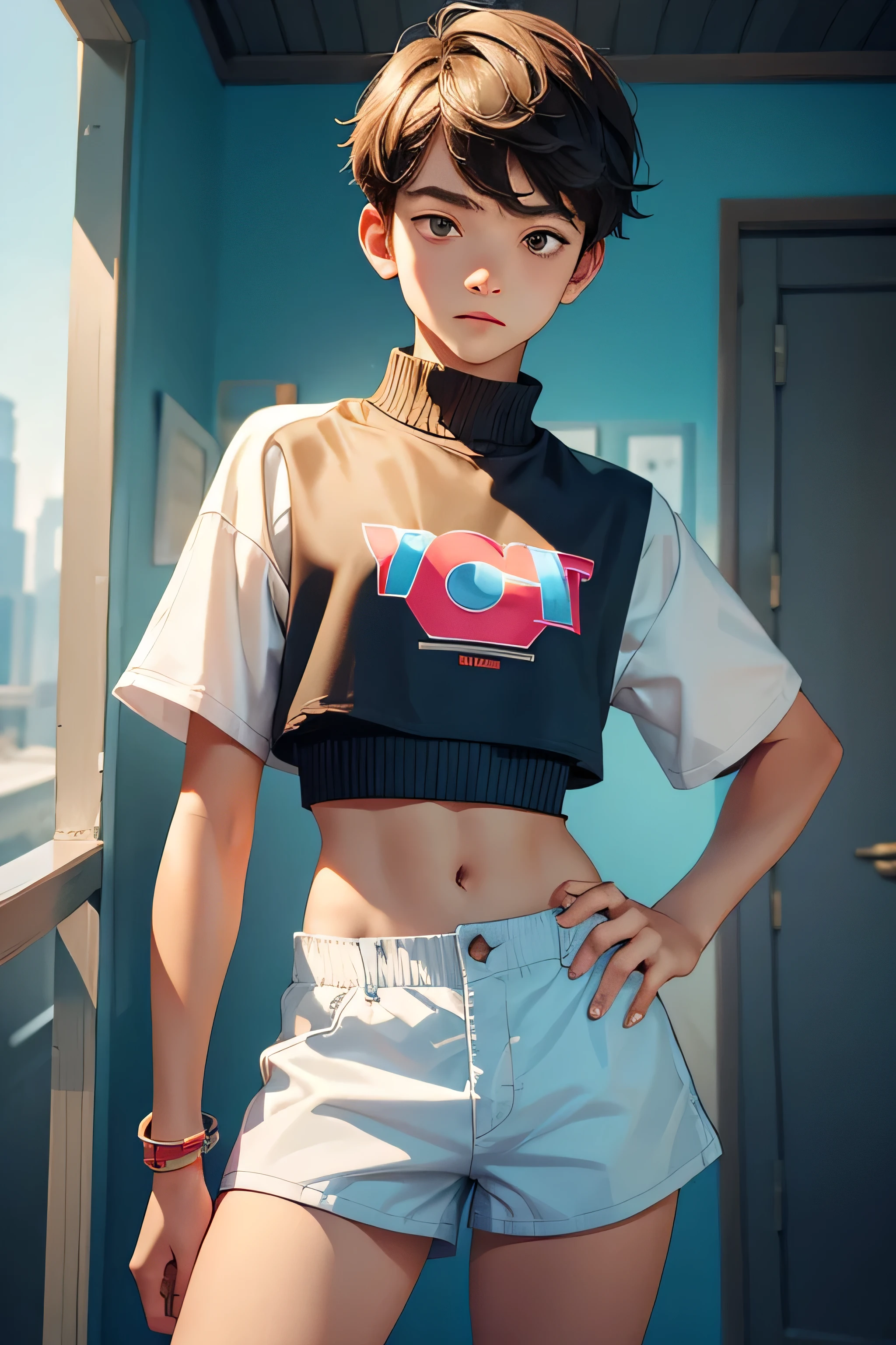boy 14 yy wears a crop top and too very short shorts,