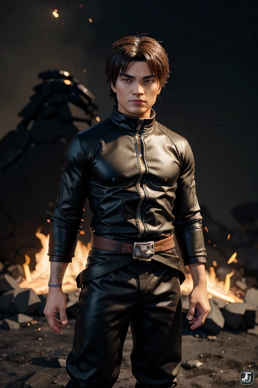 Create a 3D illustration of Kai character from "NINJAGO" mestre elementar do fogo, roupas ninja modernas, segurando um Iphone e do seu corpo emanando uma onde de fogo