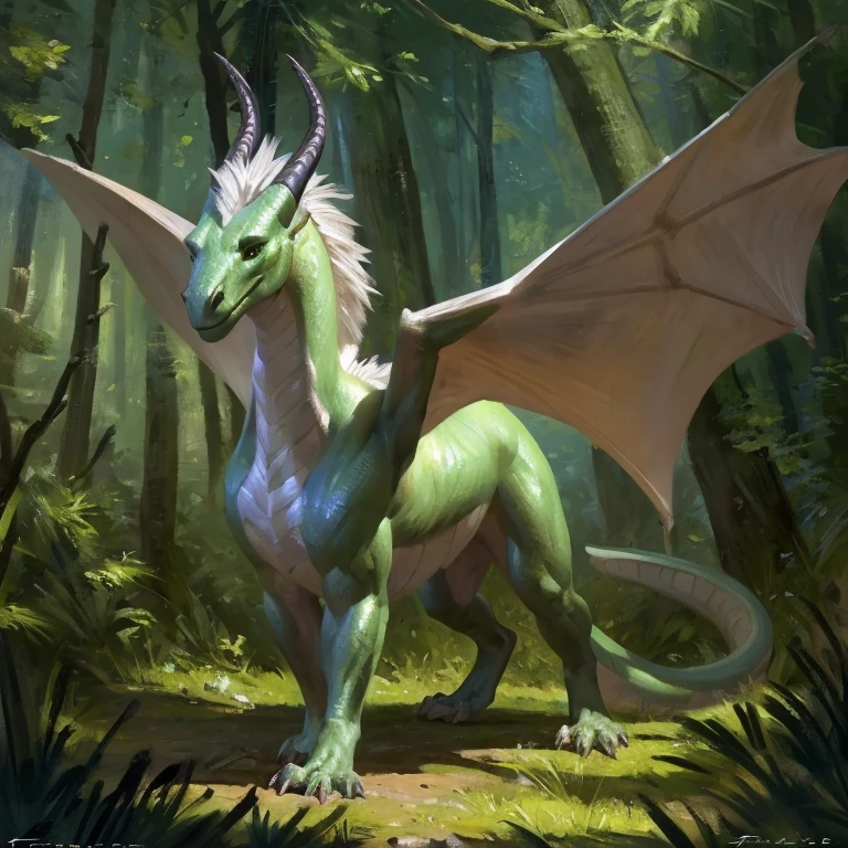 Detailed painting, by Taran Fiddler, solo, dragon, full body, feral, forest, dragoness, gentle, shimmering green scales, slender body, ((long snout)), curved horns, long white mane to one side, wings, deep green eyes
