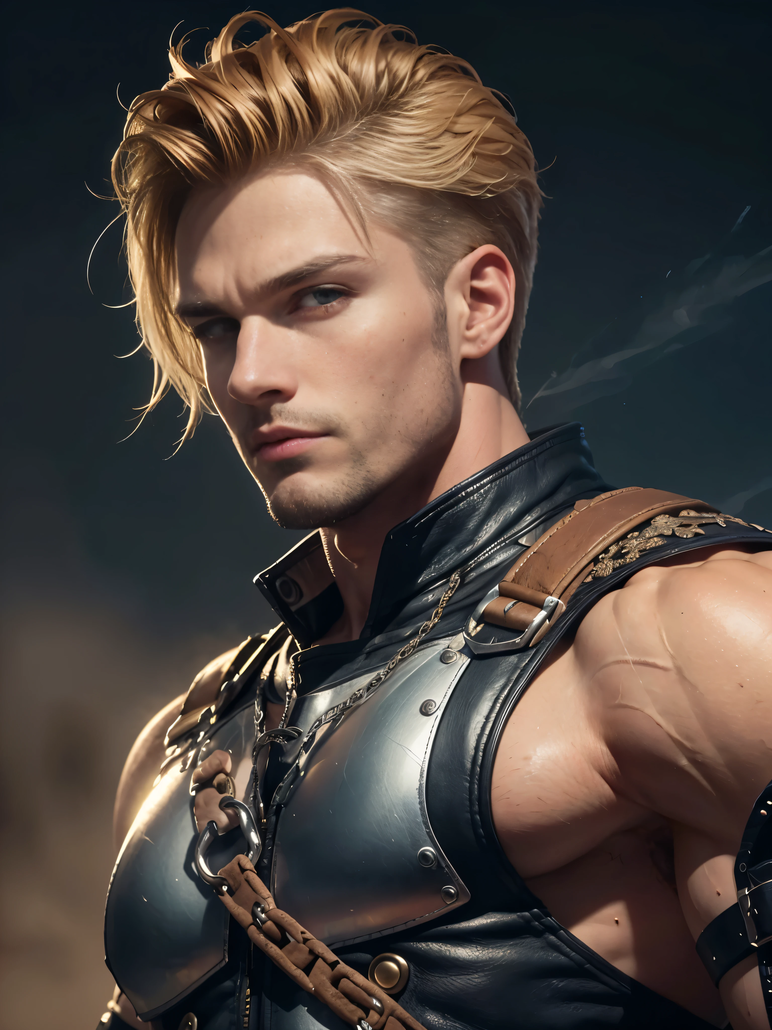 1 macho musculoso, 30 anos, cabelo loiro curto, olhos azuis, muscular, fisiculturista, usando armadura de couro, manoplas de metal, correntes, spikes, segurando a espada, ultra-high resolution, rosto detalhado, Fundo do deserto, Dust, vento, blowing Dust, dynamic lighting, luzes, Volumetric light, realista, detalhes intrincados, everything in sharp focus, foco masculino, Sozinho, fotografia, obra-prima, 12 mil, ultradefinido, detalhes intrincados, absurdos, hiper-detalhado, Fantasia negra