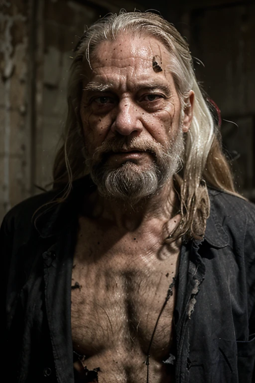 He is a demon, very old male face, long, white and dirty beard and hair, decrepit and mortuary facial expression, very thin, torn tunics and poorly dressed.