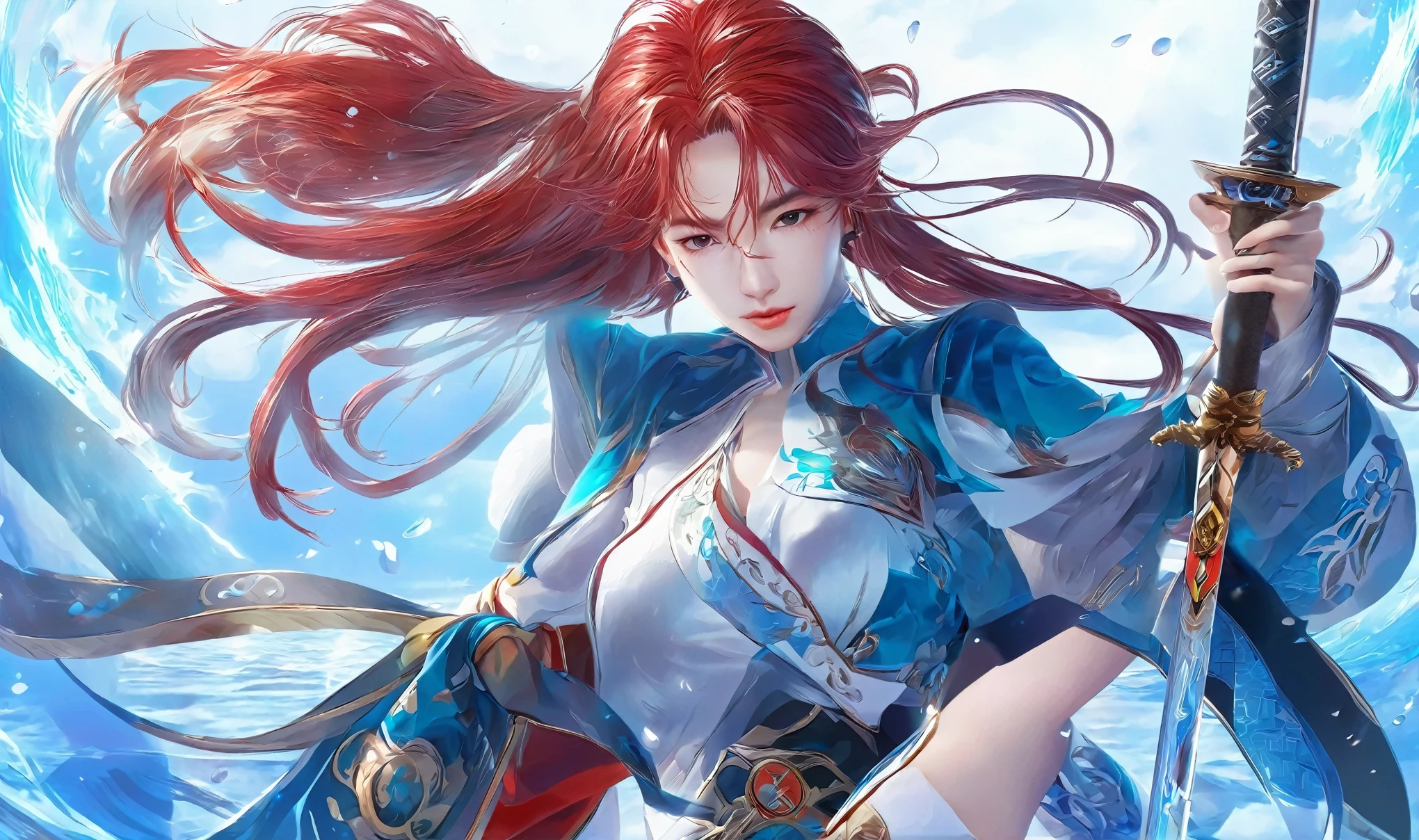 Anime character with a sword and red hair holding a ball, hero 2 d fan art artsation, fan art, Thalia, g liulian art style, zenra Thalia, author:Yang Jie, Avatar pictures, Sancred water style wlop, Extremely detailed artger, youthful Thalia, ! dream art, rossdraws 1. 0, detailed fan art