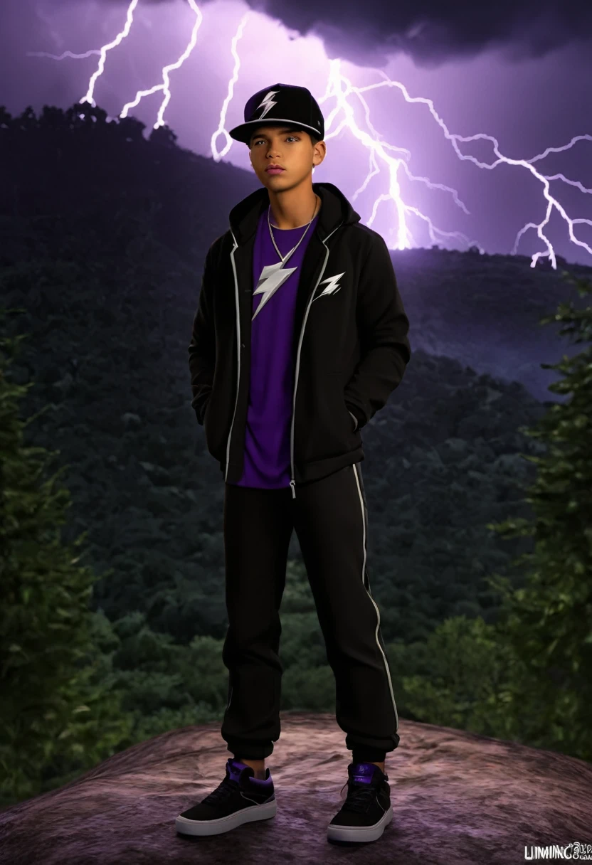 (realista:0.2), animated illustration, 1 chico,, abrigo negro, gorra new era negro con morado, between the mountains and the forest , SFW, pantalones negros, camisa de Sad boys negra,, , cielo gris,, pelo medio facke,, dramatic lightning, luces, epic luces, luz en la cara, retroiluminado, luz de la cara, cara iluminada, fill lamp, luz de relleno, ((Obra maestra)),   (carmen_sandiego_v1-1_shurik-2000:0.6)