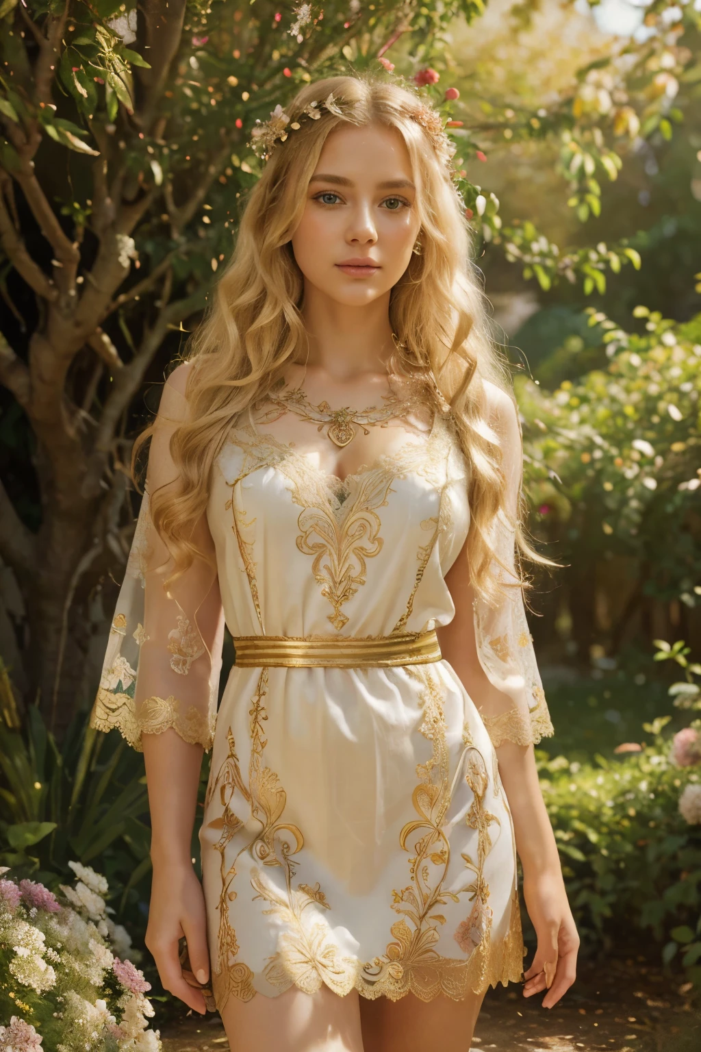 (a blonde-haired girl goddess in a full-length Roman tunic),([illustration],fine art oil painting),(luscious golden curls,hazelnut eyes,rosy cheeks),(perfectly curved lips),(intricate lace patterns on the tunic),(majestically standing in a vibrant garden),(lush greenery, colorful flowers in bloom),(soft golden sunlight filtering through trees),(best quality, 4k, highres, HDR),(ultra-detailed, professionally crafted),(realistic, vivid colors, photorealistic),(timeless beauty, ethereal atmosphere)