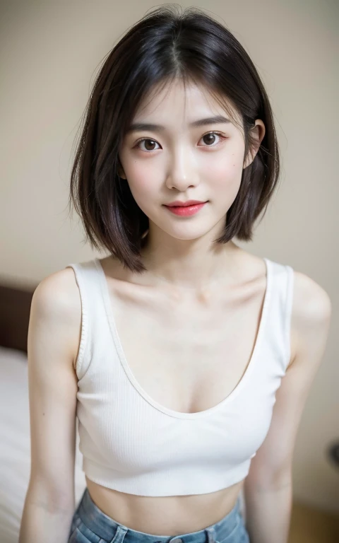 masutepiece, Best Quality, 8K, 18 yo, very beautiful Korean young girl, very beautiful face, sweet and cute face, skinny body, slender girl, slim waist, flat belly, beautiful tight round perfect breasts, beautiful tight perfect butt, slim small arms, slim small legs, slim small thighs, white skin, perfect skin,pale and soft skin,Raw photo, Soft light, Professional Lighting, Solo, Smile, close up, Face, close up, Cute, Girly, Goddess, Delicate girl, Neat and clean beauty, Full body, Digital SLR, Candid, Sophisticated, (Eyes and faces with detailed:1.0), Medium short hair swaying in the wind, Bangs, tube top, short Pants,Pink sneakers, in bedroom, standing, beautiful rounding big breasts , without bra