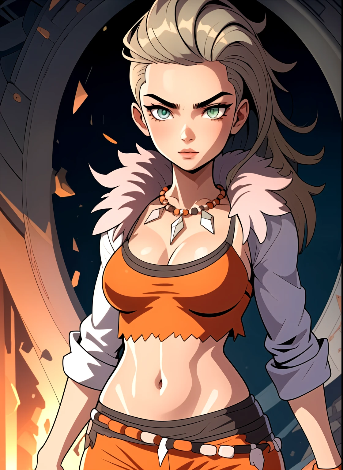 best quality, (masterpiece),(ultra-detailed), (high quality), (high resolution), professor sada,navel, green eyes, detailed eyes, perfect faces, shorts, necklace, labcoat,  orange_clothes