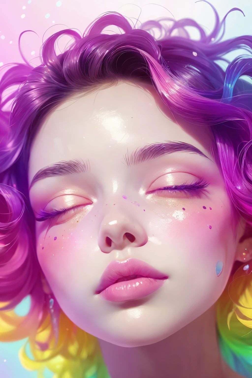 (This is a beautiful rainbow fantasy image that feels interesting and emphasizes glitter and iridescence.) Generate a ((blind)) curvy woman with colorful curly hair and milky white eyes. Her face is important and is perfectly formed with puffy lips and perfect features. (Her eyes are critically important and are (blank) and (solid white)). The image exudes ethereal beauty and soft fantasy. Include sweet and detailed birds and soft, luminous flowers in all the colors of the rainbow. The image's background is decorated in shades of pink, shimmer, glitter, and fantasy details like colored bubbles and cosmos. Utilize dynamic composition to create a compelling and action-packed image. Dramatic lighting and cinematic lighting enhance the woman's beauty and the soft colors in the artwork. (((((Perspective: head on.))))) Include fantasy, cute, colorful, colourful, interesting magic background, ((((blank eyes)))), ((((empty white eyes)))), (shirome eyes:1.3), (smirking), (perfectly rendered solid whiteeyes), ((birthmark on lip)), ((pretty lips)), beautiful background, complex background, sweet background, (((rainbow)))