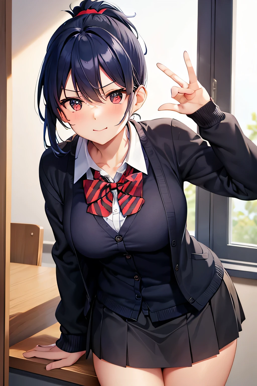 navy blue hair, ponytail, classroom background, window, shirt, black cardigan, check skirt, bright expression, arrogance, red bow tie, wealth, gorgeous appearance, cute, relaxed expression
