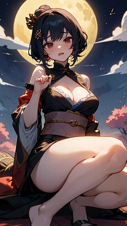 ((highest quality)), ((masterpiece)), Perfect Face, Oiran, A large full moon in the background, Angle where most of the full moon is visible, The full moon is a new yen, A bewitching atmosphere illuminated by moonlight, Hairstyle is Yokohyōgo, She is wearing an expensive, flashy crimson kimono with a Japanese pattern., In their hair they wear many expensive tortoiseshell hairpins and flat hairpins with circular ornaments., (Biologically correct five human fingers), (右手に長尺の白州形Oiran煙管を持っている), Black Hair, Japan person with a beautiful face, The collar of the kimono is wide open, (A little bit of shoulder is visible), (Ample breasts), ((A little bit of cleavage is visible)), 目尻に赤いアイシャドウのOiranメイク, (右手に持った白州形Oiran煙管は朱塗りで吸い口と火皿部分だけは真鍮製), (白州形Oiran煙管の持ち方は下から指を添える持ち方),