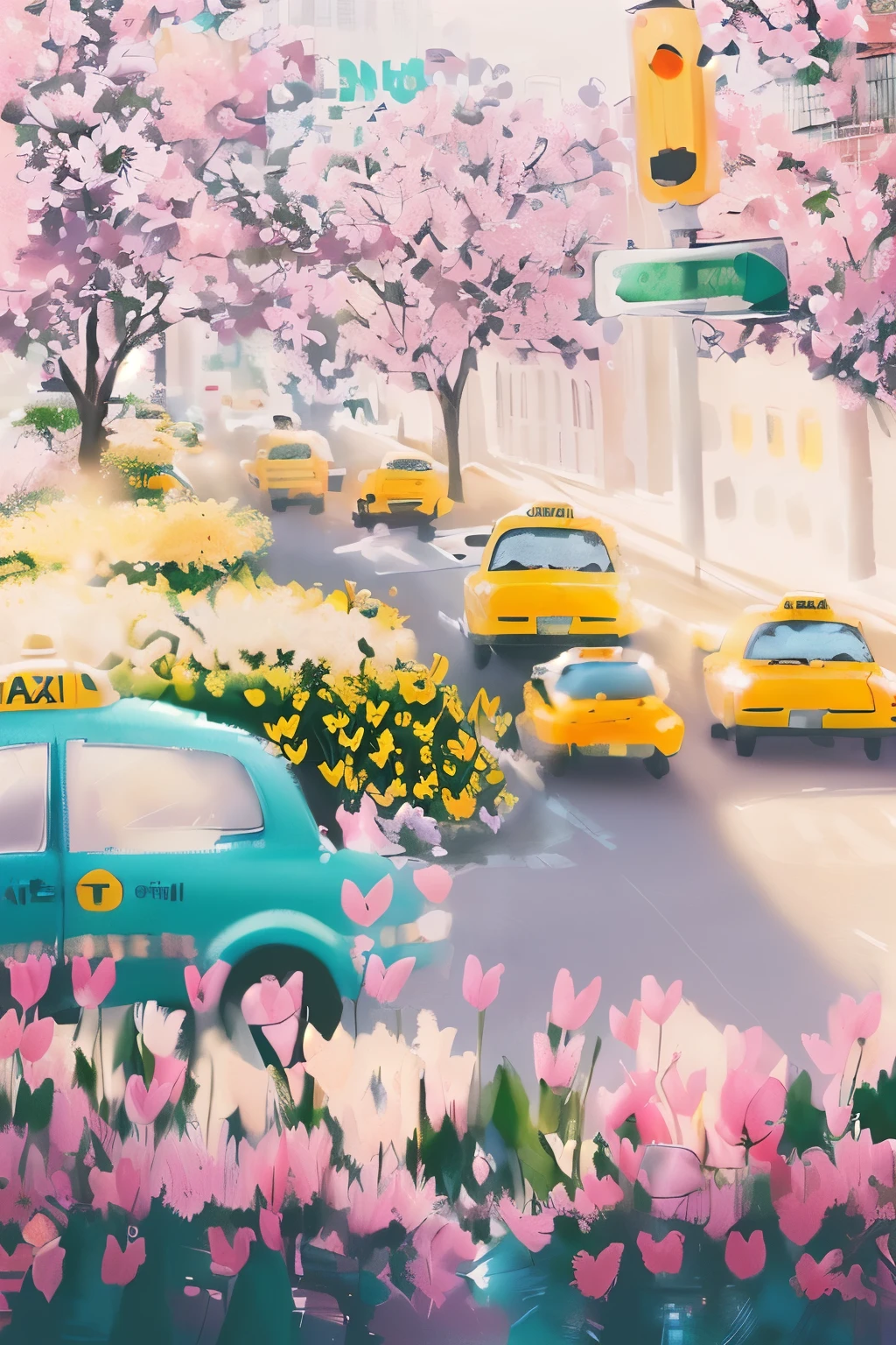 painting of a busy city street with a taxi and a yellow cab, spring season city, in busy city, taxis, busy streets, painterly illustration, taxi, blurry and dreamy illustration, busy city, illutstration, blurred and dreamy illustration, by Elaine Hamilton, by Carla Wyzgala, springtime morning, gorgeous art, stylized digital illustration, spring day